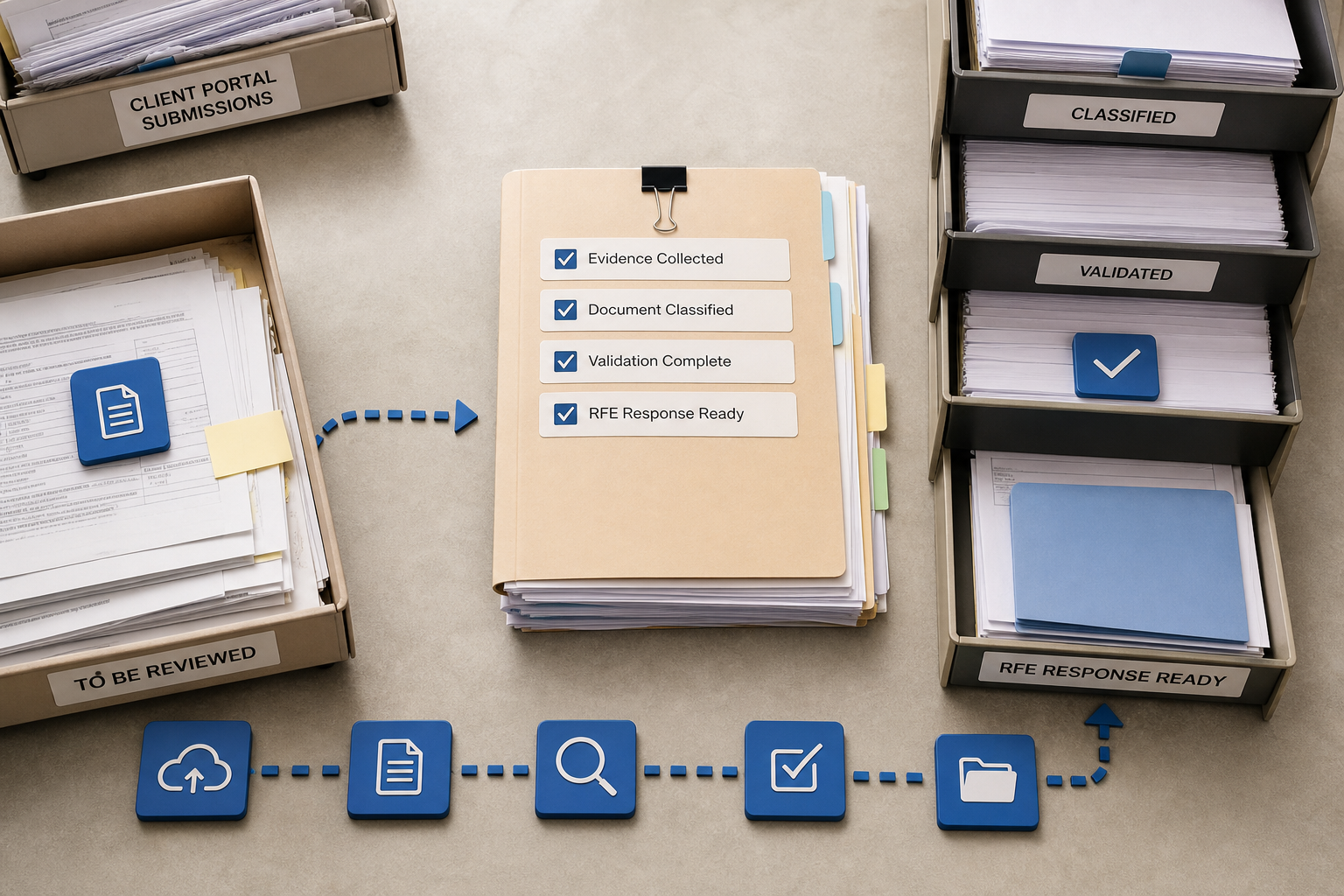 Immigration documents arranged in an automated workflow: automate evidence collection for rfe immigration cases
