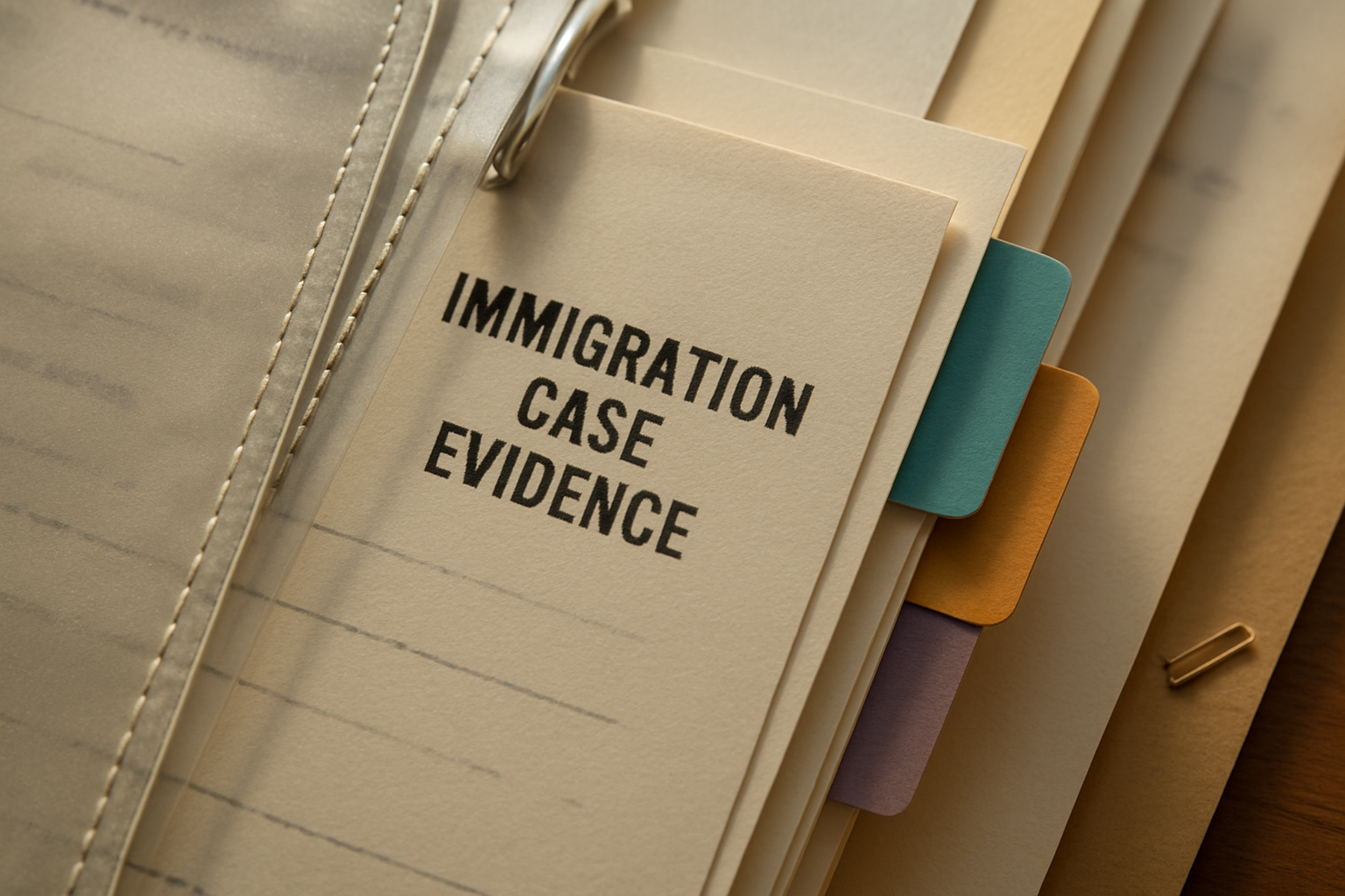 Close detail of organized evidence materials: immigration case document checklist automation
