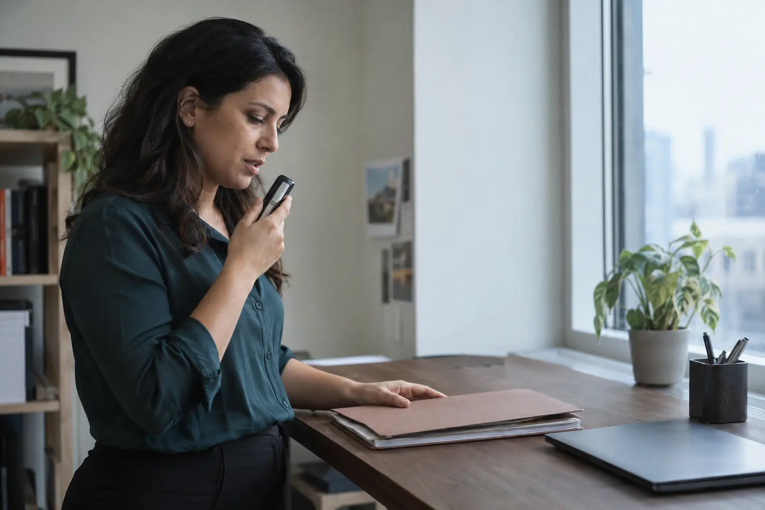 An attorney records drafting notes while reviewing a case.