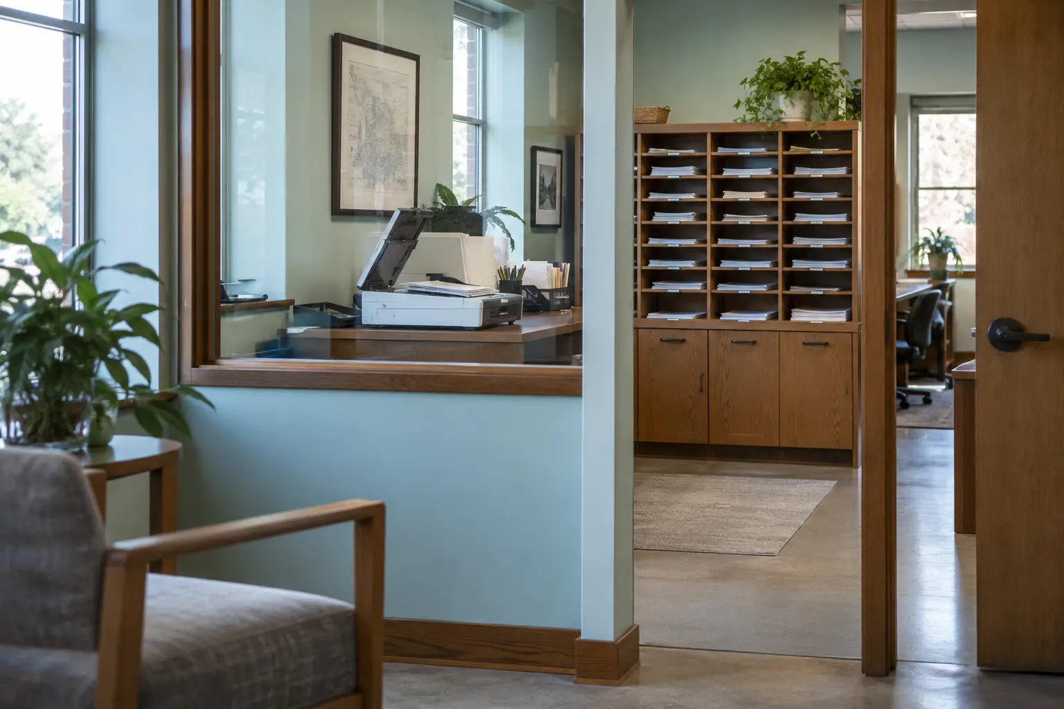 An office equipment area is ready for document-processing work.