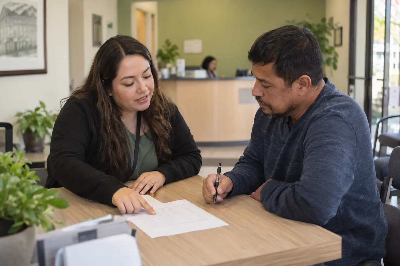 A client coordinator explains an intake questionnaire.