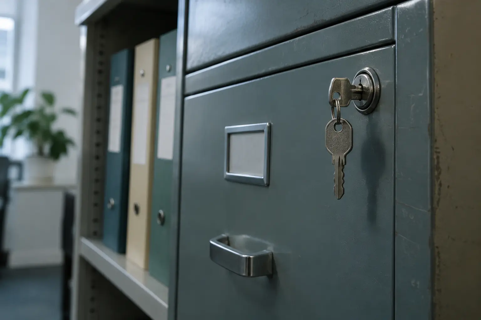 A locked file cabinet protects confidential case records.