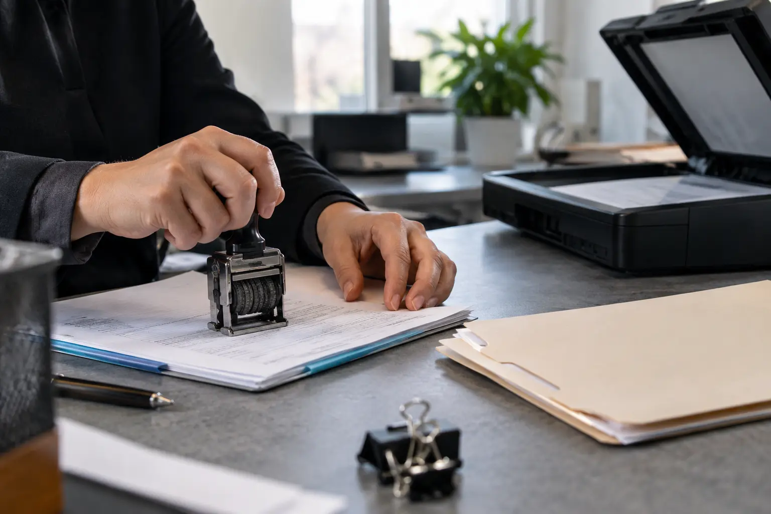Practical filing and scanning tools on an office counter.