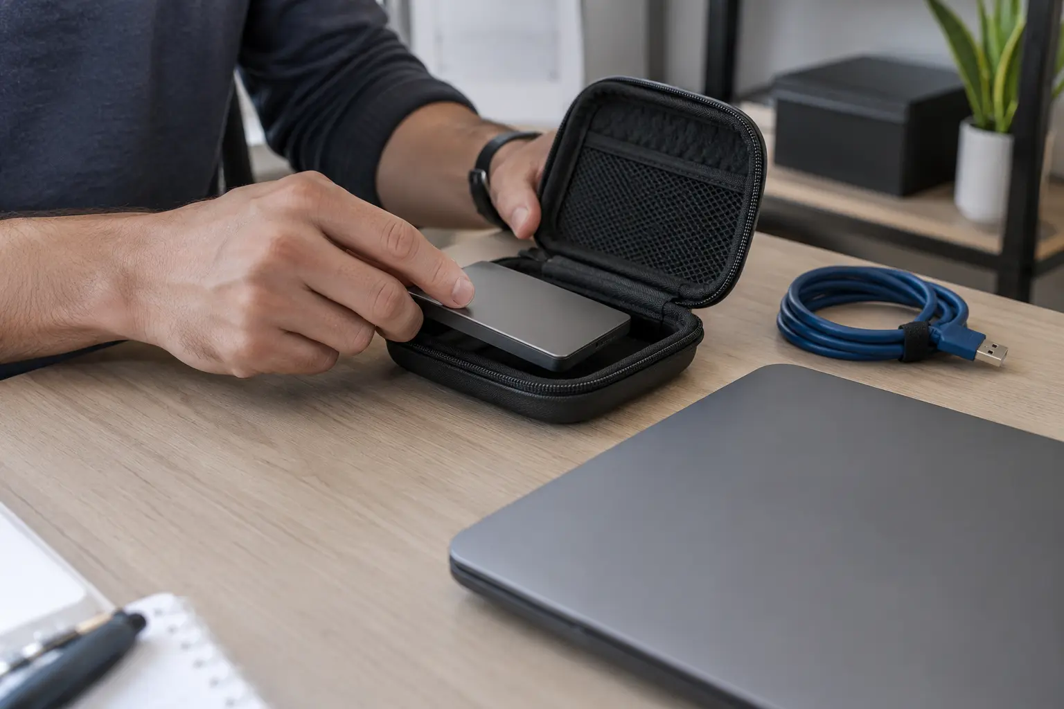 An external backup drive is placed in protective storage.
