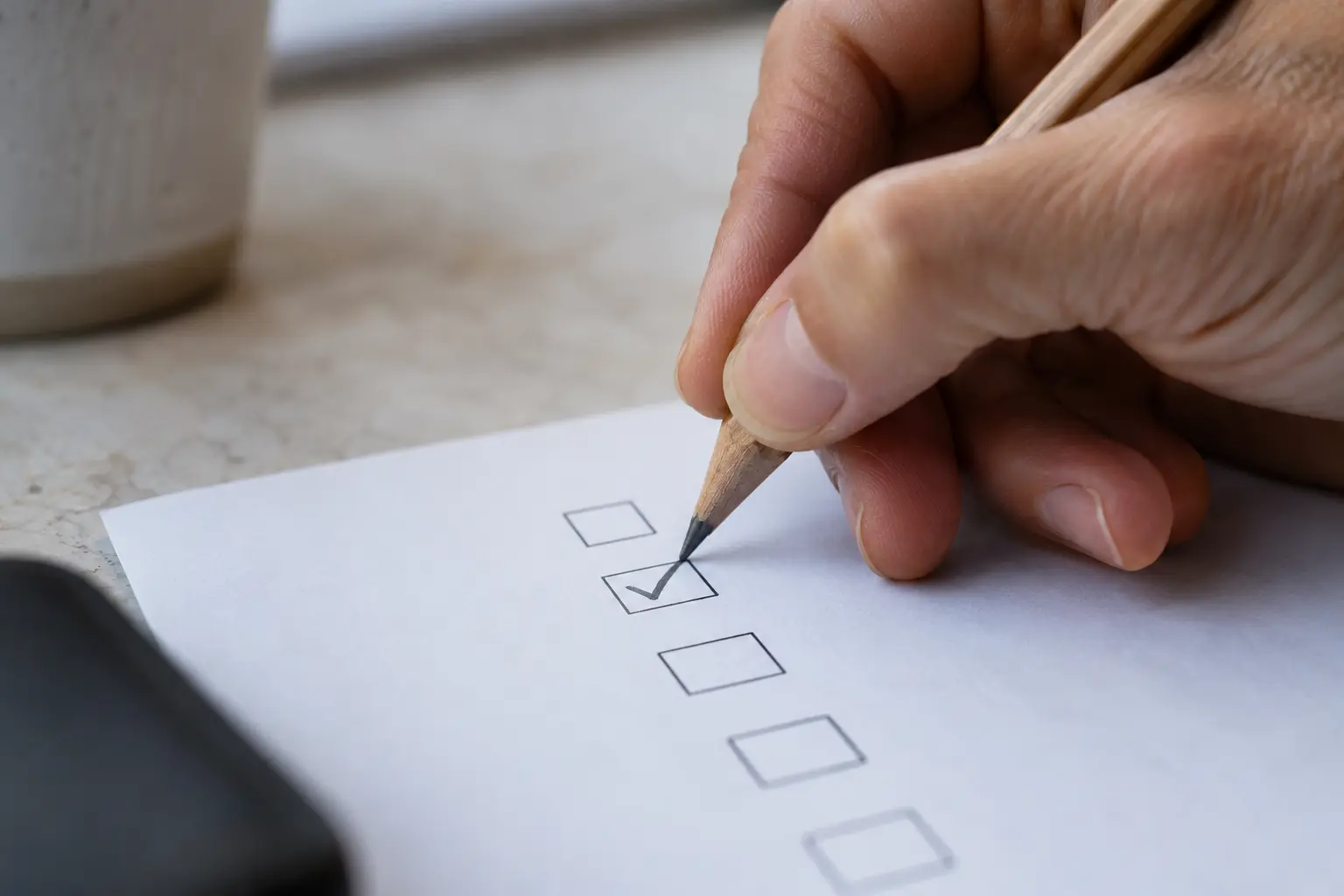 An attorney checks a completed step on a review sheet.