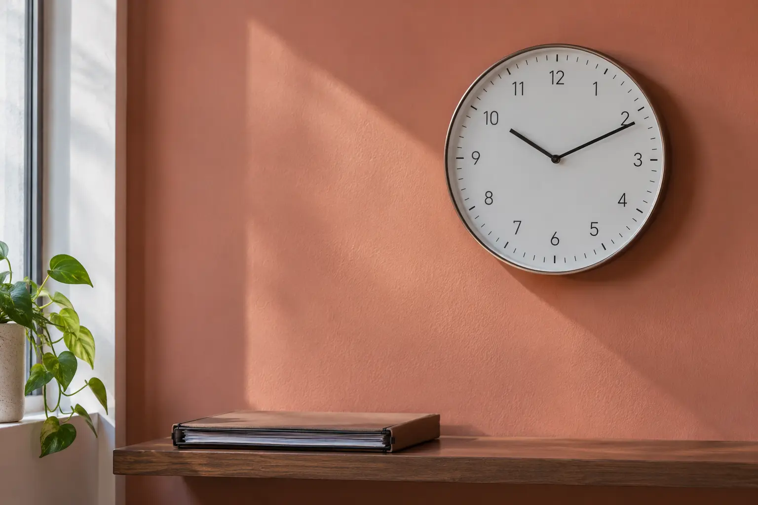 A wall clock and case folder serve as deadline reminders.