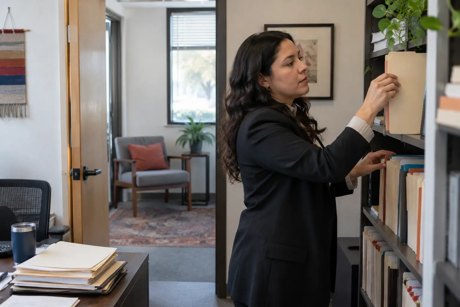 A case manager retrieves an organized active case file.