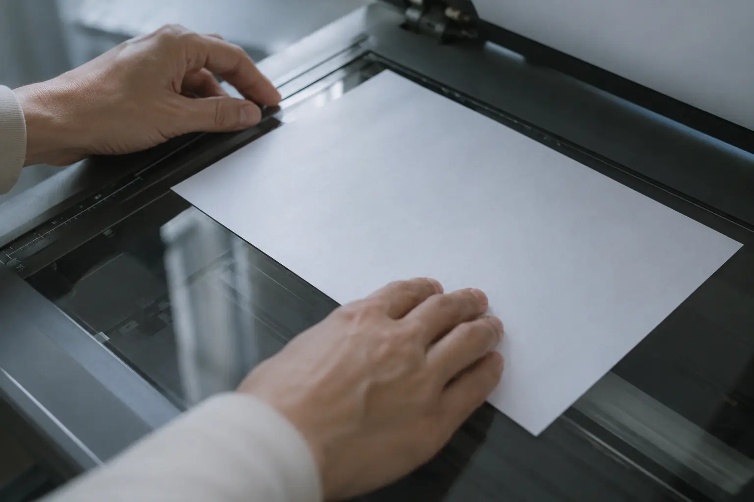 A hand aligns a form on a scanner bed.