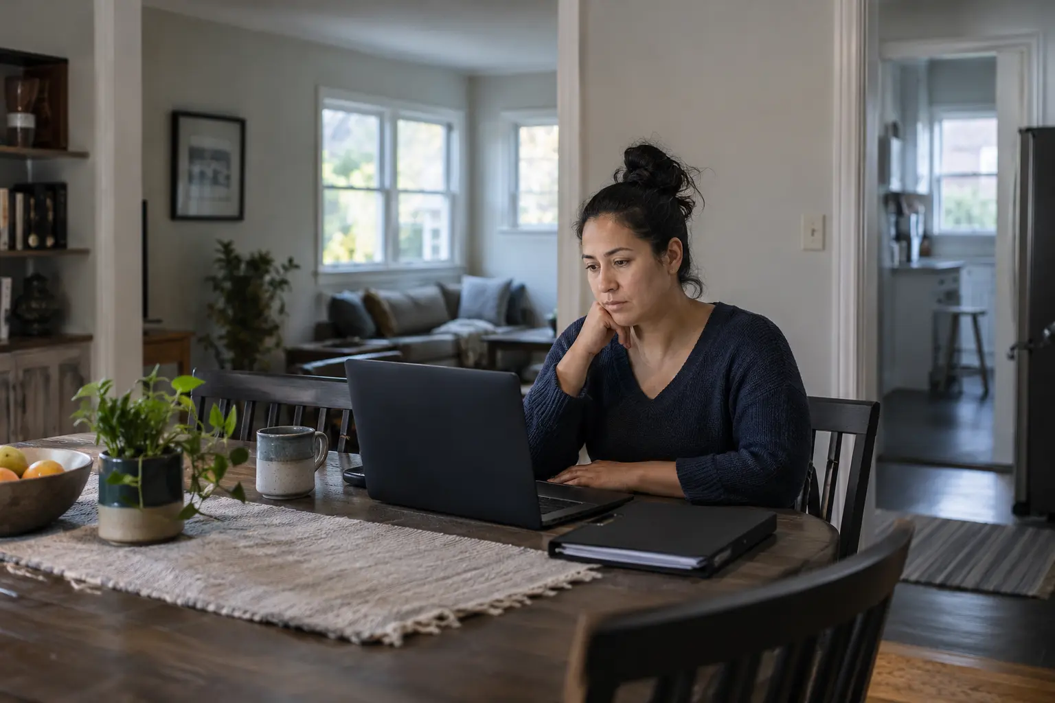 A client uses a laptop from home to contact a legal adviser.
