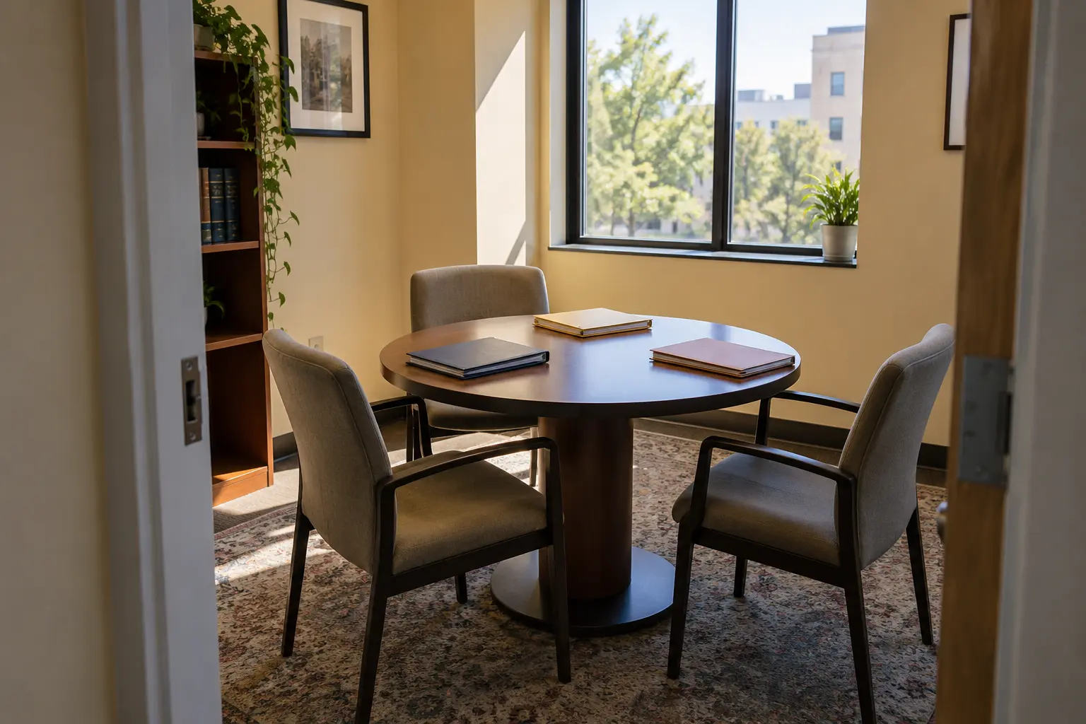 A meeting room is prepared for reviewing active case matters.