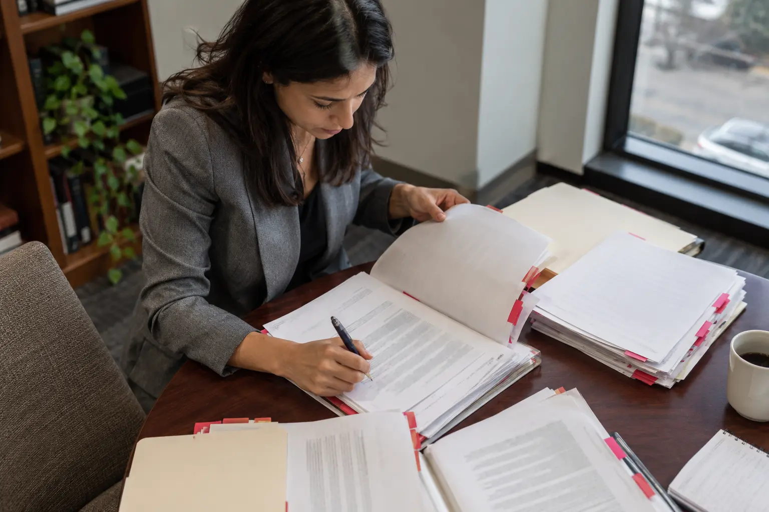 A lawyer reviews evidence while preparing a response.