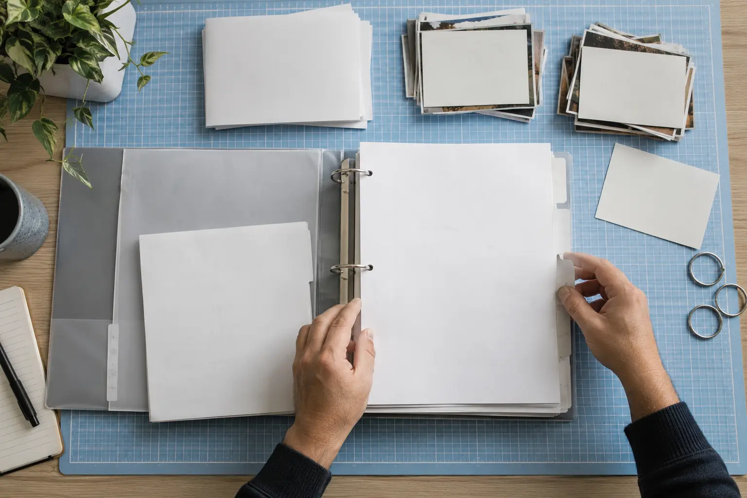 Hands assemble evidence documents with tabbed dividers.