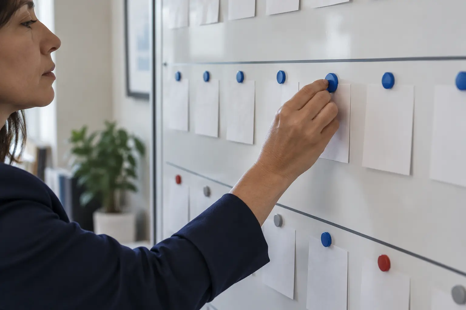 A caseworker updates a physical case-progress board.