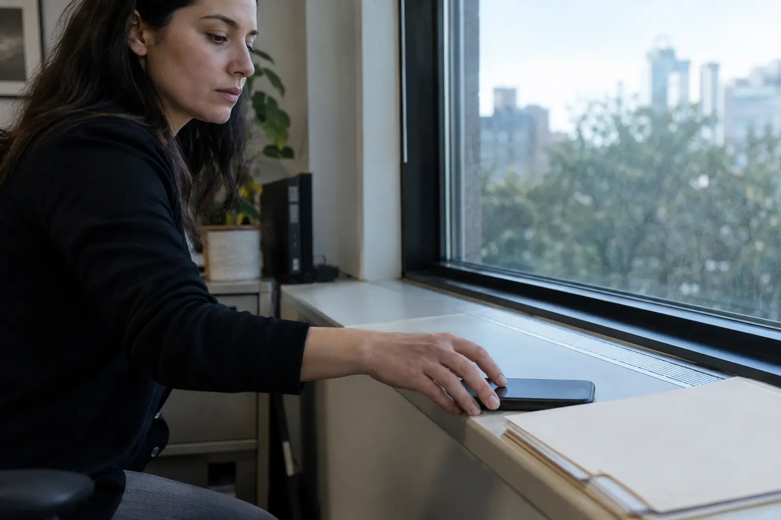 A paralegal checks a phone beside an active case folder.