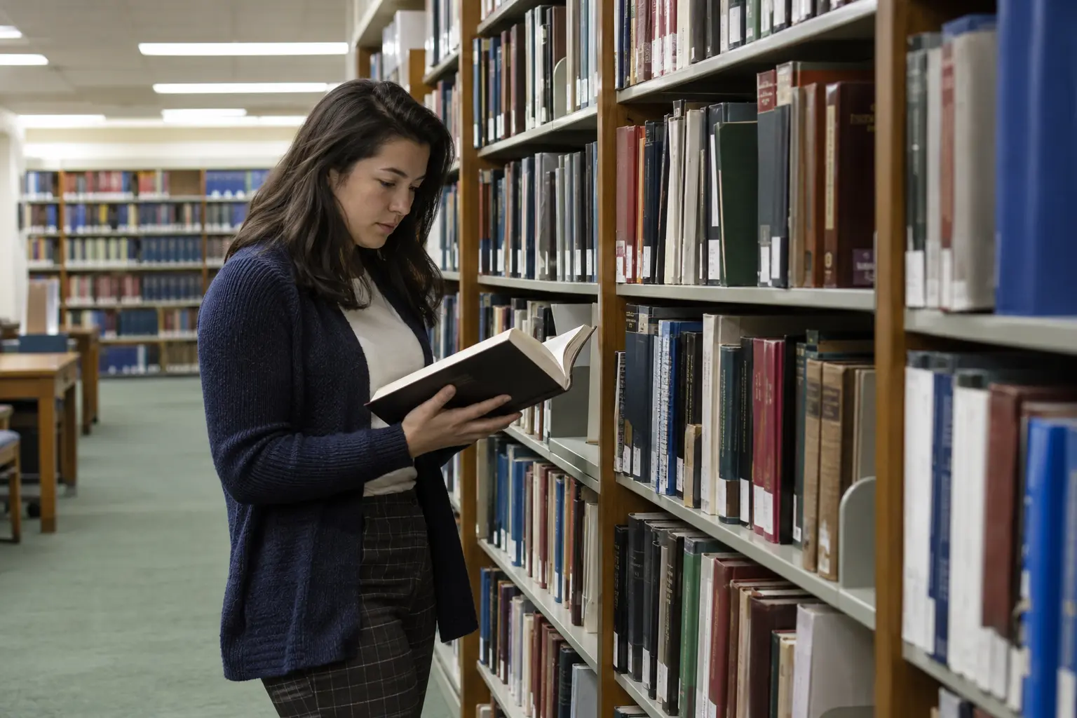A legal researcher consults reference books in a library.