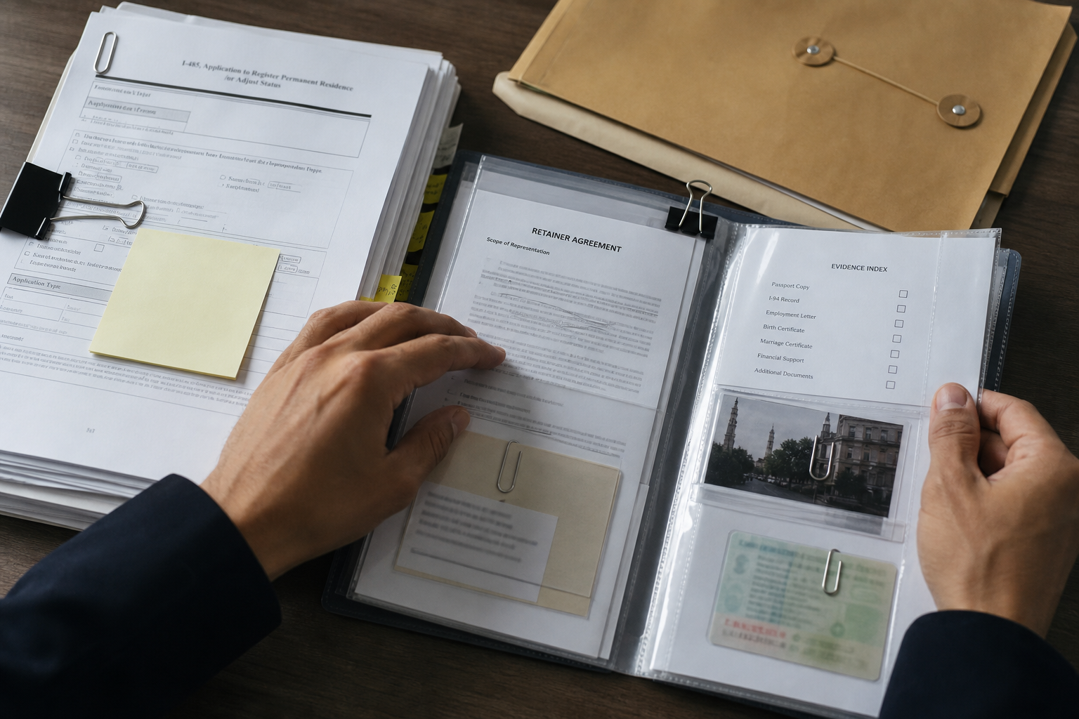Hands reviewing organized immigration evidence documents: retainer agreement template for immigration law firms